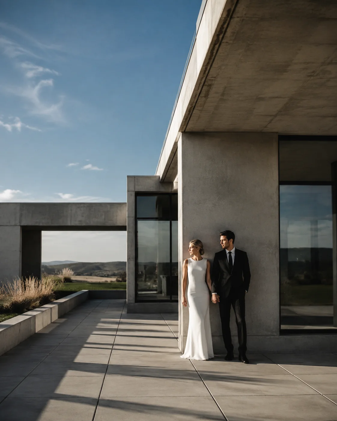A wedding couple framed by modern concrete architecture and long shadows